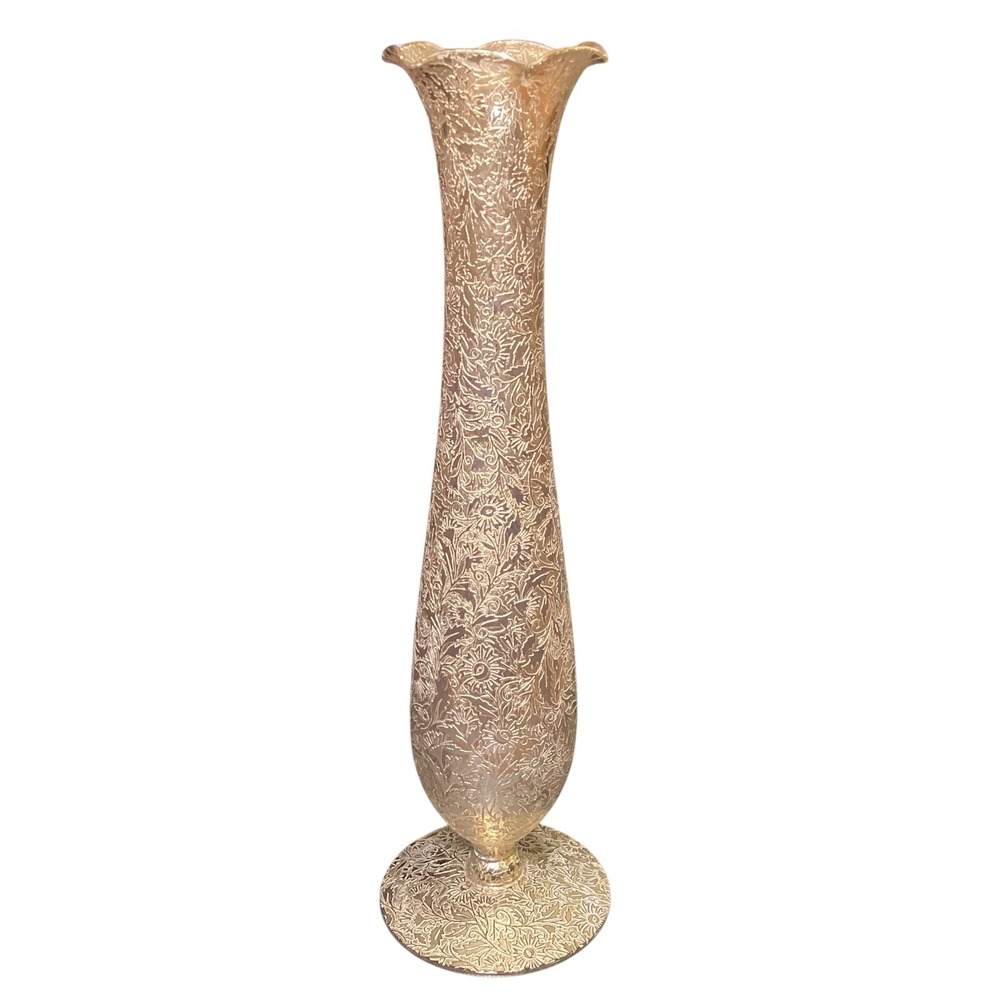 Vintage Embossed Floral Metallic Gold Glass Bud Vase 10 Inch Scalloped Rim